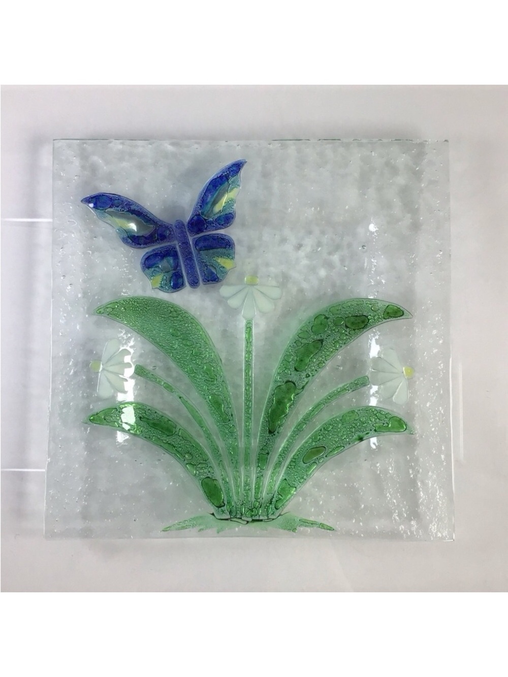 Fused Textured Art Glass Square Bowl Dish Butterfly & Flowers Blue Green